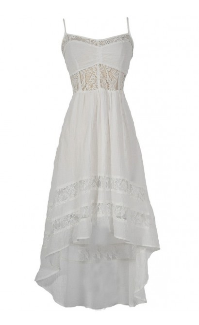 Monica Lace Inset High Low Designer Dress in White